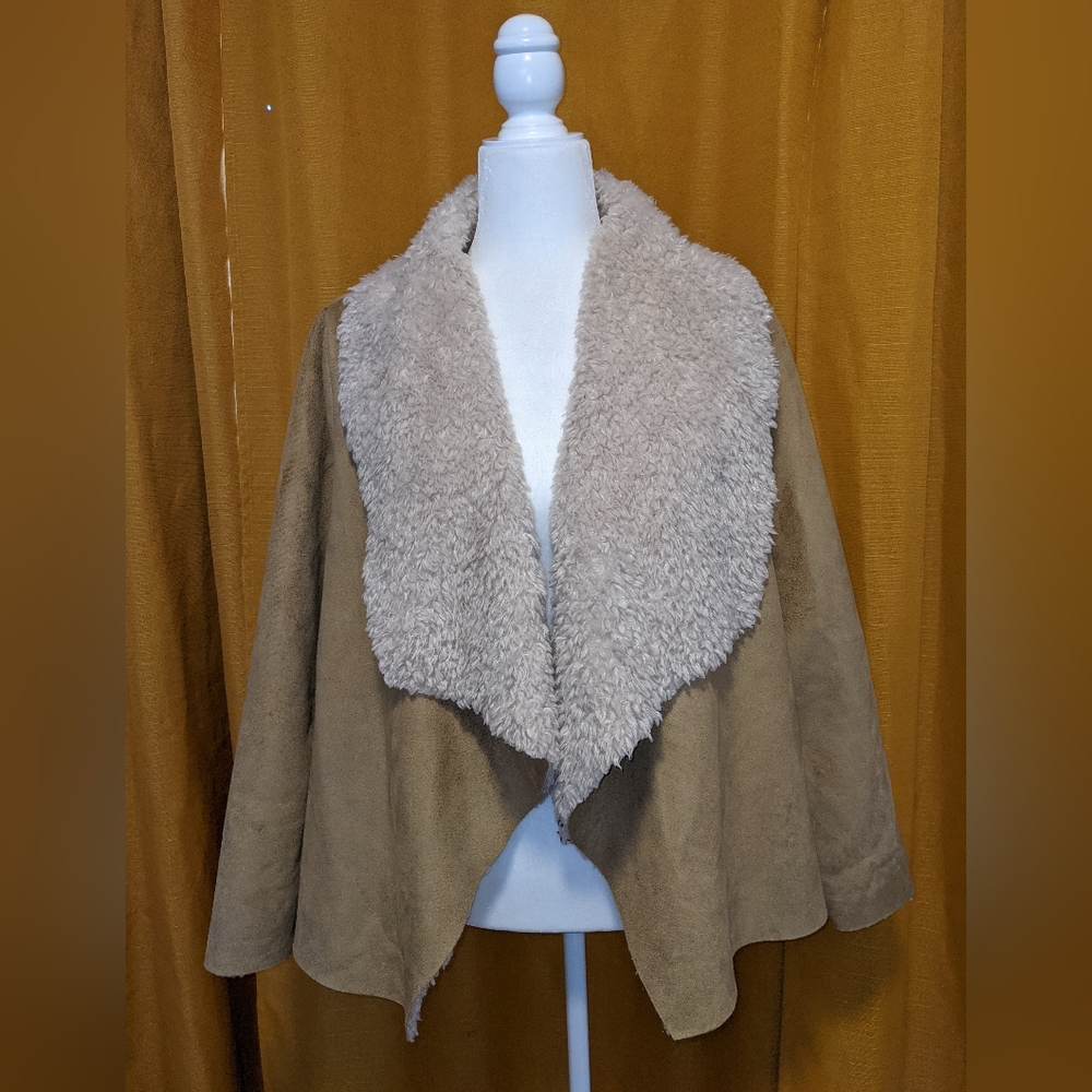 Bass Women's Jacket Faux Suede And Fur Shearling Open Coat, size large